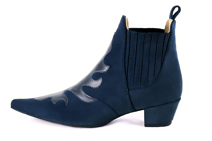 Navy blue women's ankle boots, with elastics. Pointed toe. Low cone heels. Profile view - Florence KOOIJMAN